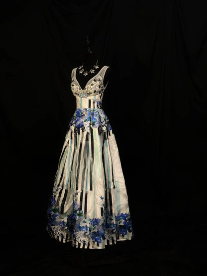 Vintage 80s Prom Dresses A Line V Neckline Floral Long Party Gown Formal Outfits RB6164