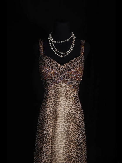 Vintage 2000s A Line Spaghetti Straps Leopard Print Beaded Bodice Plus Size Long Prom Dresses Impress 21th Birthday Outfits Prom Gown AS328