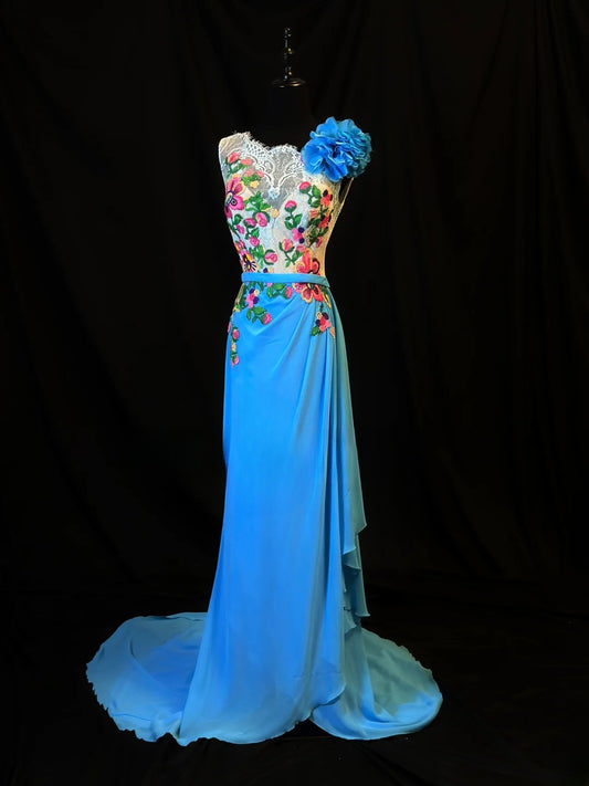 Charming Prom Dresses A Line Blue Chiffon Floral Long Party Gown Formal Outfits RB6165