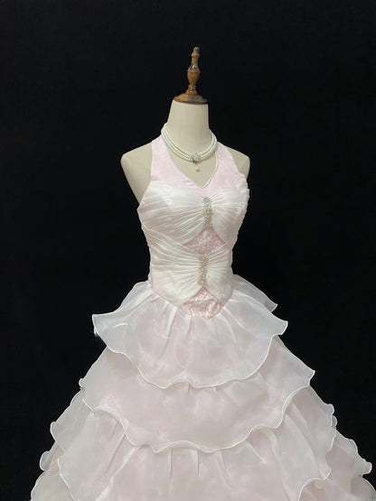 Dreamy Ball Gowns Halter Pink Organza Poofy Long With Layers Tiered Quince Dress inspo Quinceanera Dresses Sweet 15 16 Outfits RB7778