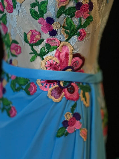 Charming Prom Dresses A Line Blue Chiffon Floral Long Party Gown Formal Outfits RB6165