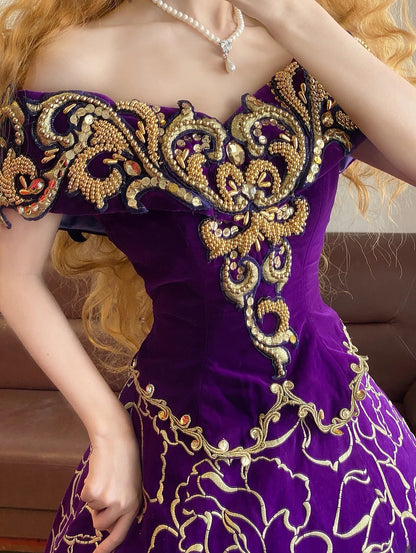 Ball Gown Off The Shoulder Grape With Gold Beading Sweet 16 Dress Sweet Sixteen Princess Dress RB9376