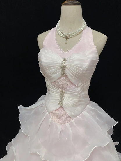Dreamy Ball Gowns Halter Pink Organza Poofy Long With Layers Tiered Quince Dress inspo Quinceanera Dresses Sweet 15 16 Outfits RB7778