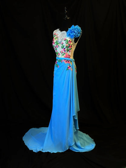 Charming Prom Dresses A Line Blue Chiffon Floral Long Party Gown Formal Outfits RB6165