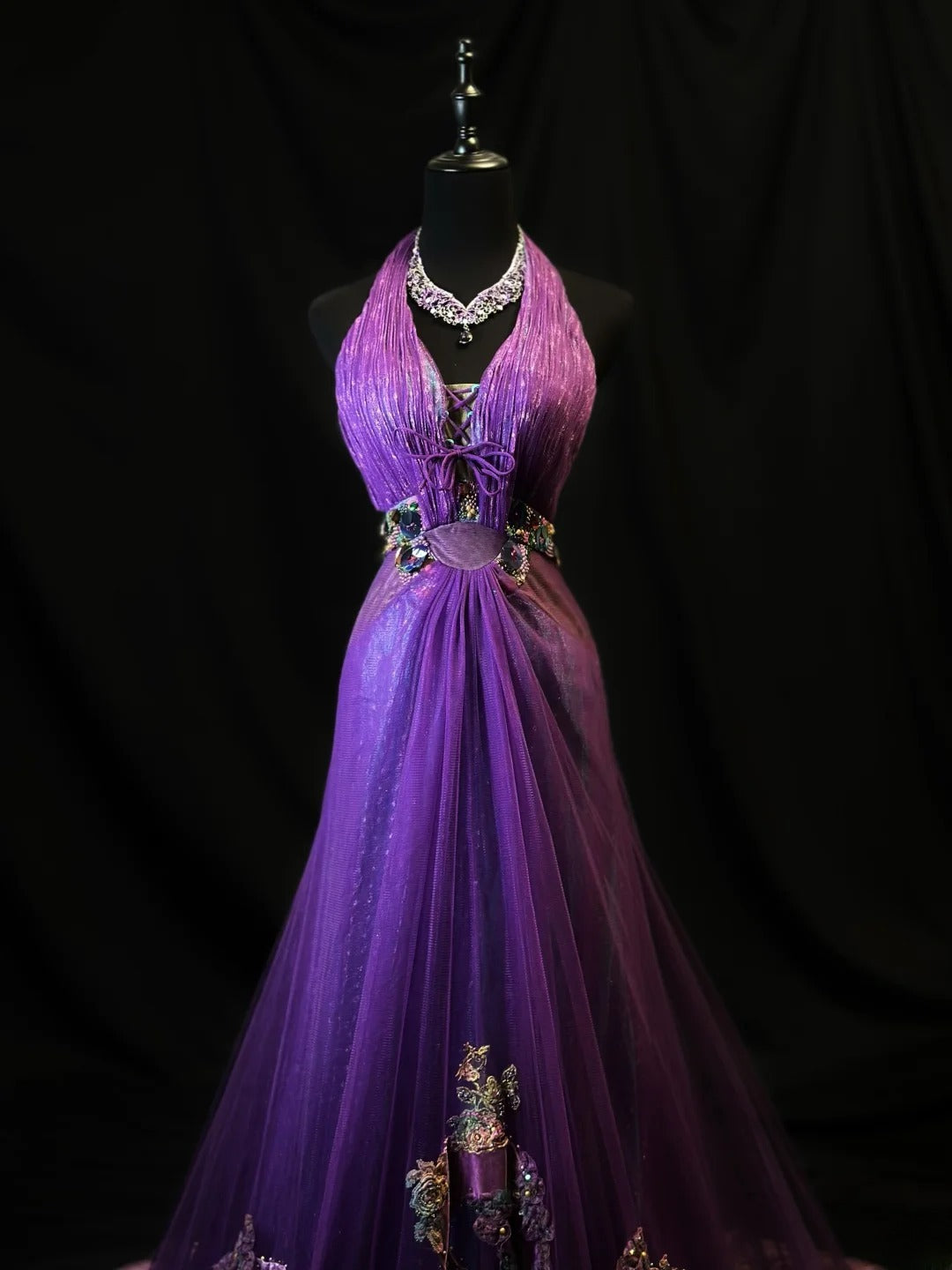 Vintage Prom Dresses Mermaid Halter Purple Tulle With Appliqued 1950s Retro Classy Long Party Gown Formal Outfits RB6166