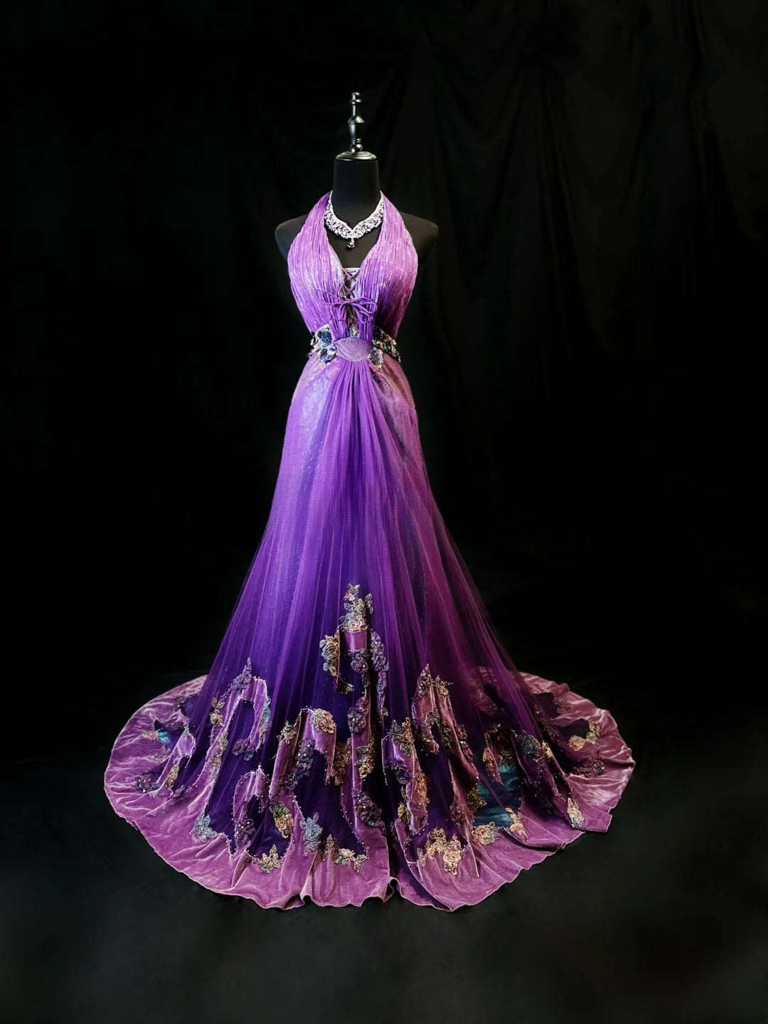 Vintage Prom Dresses Mermaid Halter Purple Tulle With Appliqued 1950s Retro Classy Long Party Gown Formal Outfits RB6166