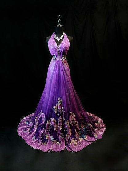 Vintage Prom Dresses Mermaid Halter Purple Tulle With Appliqued 1950s Retro Classy Long Party Gown Formal Outfits RB6166