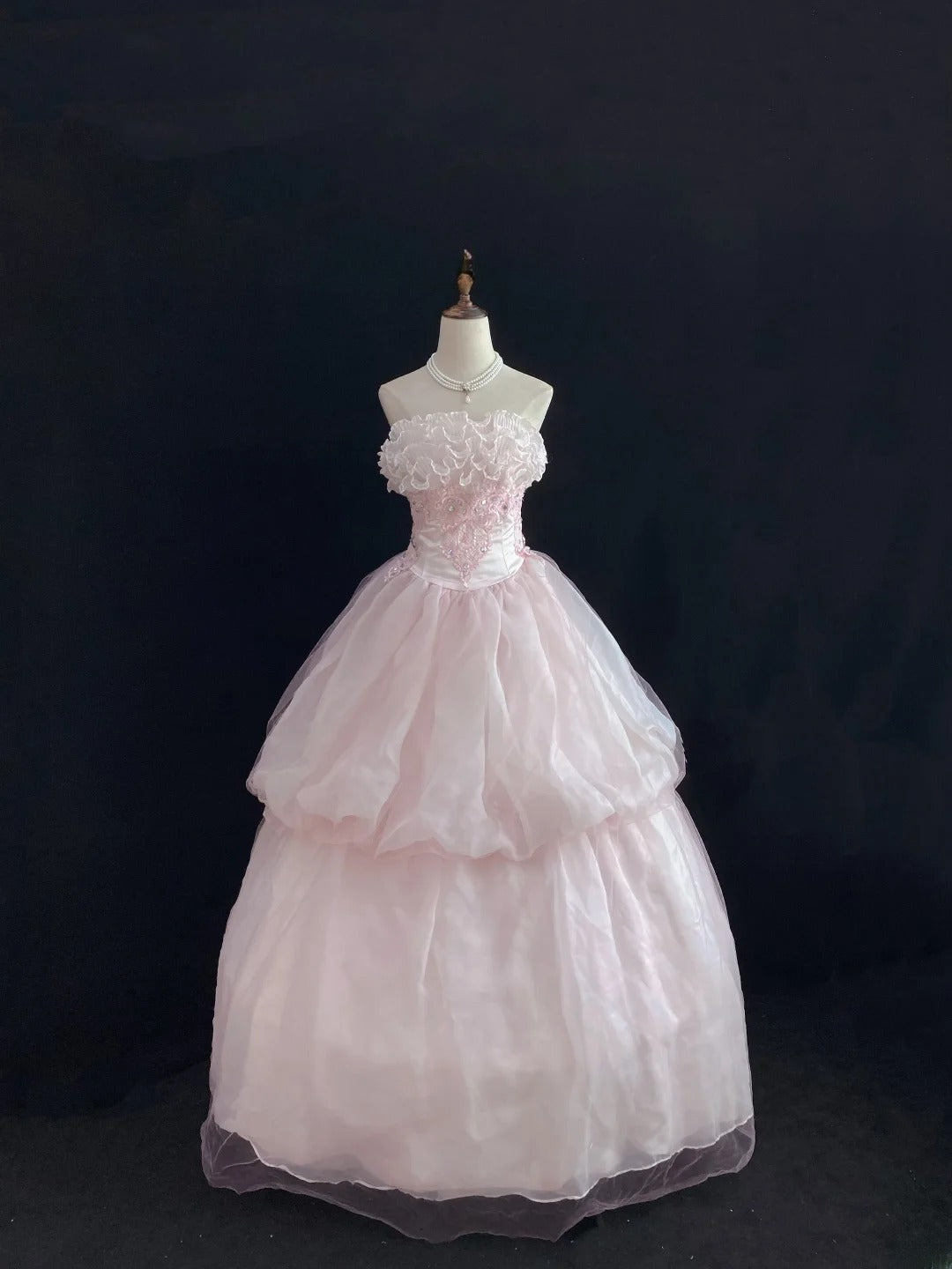 Dream Ball Gown Strapless Pink Lace Poofy Long With Tulle Tiered Quince Dress inspo Quinceanera Dresses Sweet 15 16 Outfits RB7780