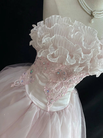 Dream Ball Gown Strapless Pink Lace Poofy Long With Tulle Tiered Quince Dress inspo Quinceanera Dresses Sweet 15 16 Outfits RB7780