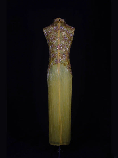 Retro 60s Sheath High Neck Yellow Chiffon With Gem Beads Prom Dresses Inspo 22th Birthday Outfit Formal Gown AS330