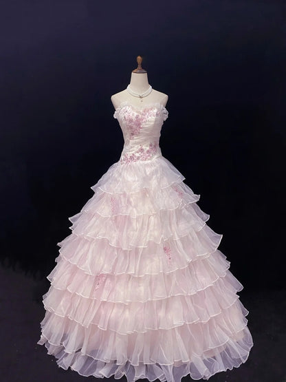 Dream Ball Gown Sweetheart Pink Lace Poofy Long With Tulle Tiered Layers Quince Dress inspo Quinceanera Dresses Sweet 15 16 Outfits RB7781