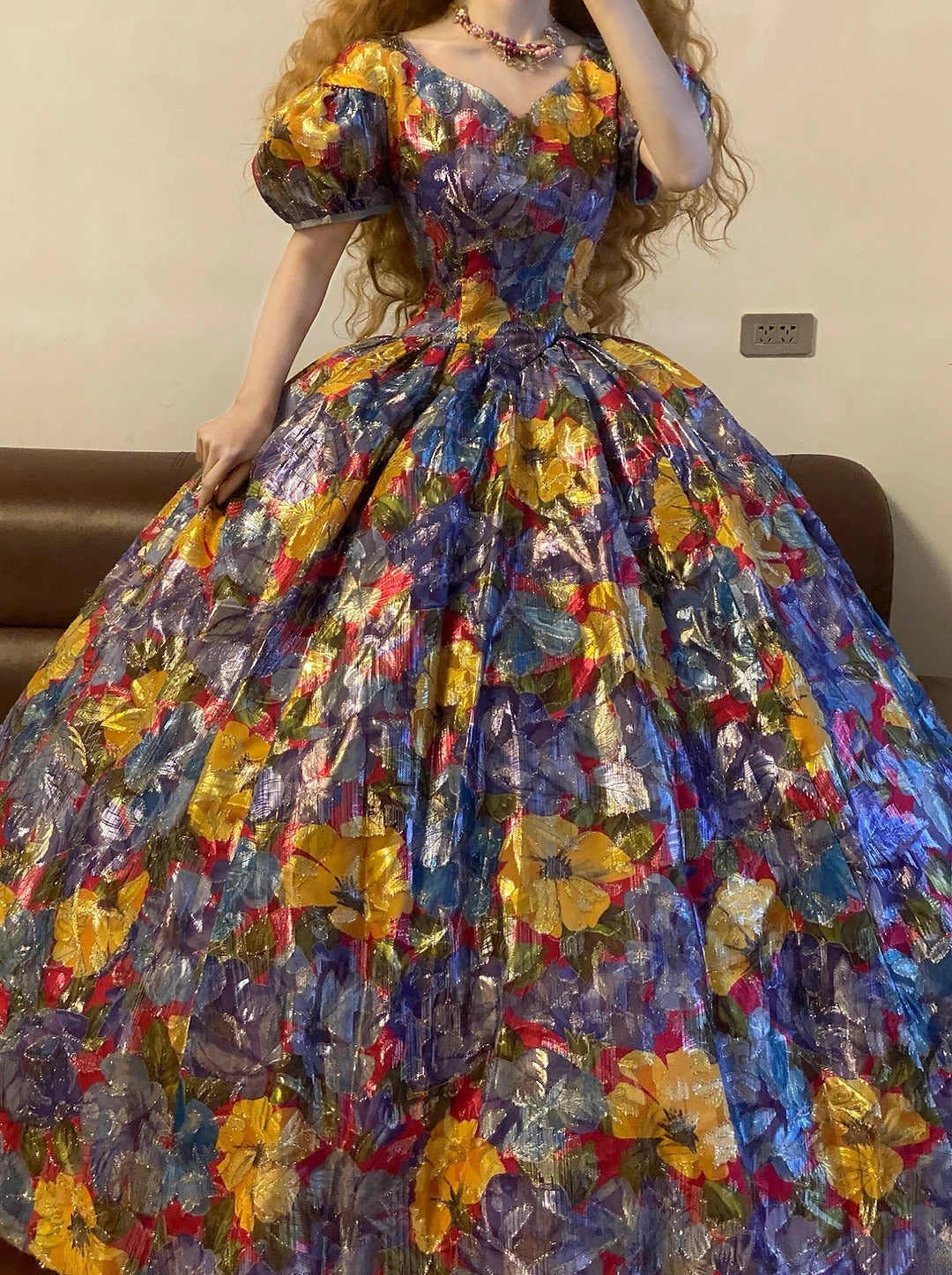 Ball Gown V Neck Floral Yellow Blue With Puffy Sleeves Sweet 16 Dress Sweet Sixteen Princess Dress RB9379