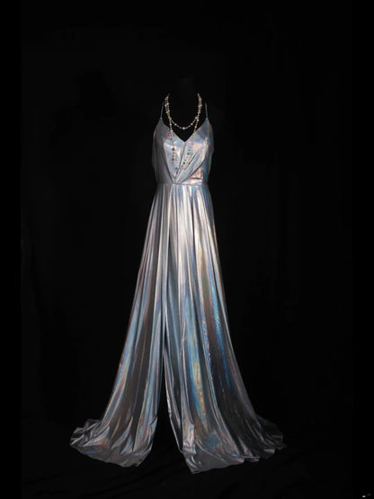 Vintage 2000s A Line Spaghetti Straps Silver Gray Backless Plus Size With Slit Long Prom Dresses Impress 21th Birthday Outfits Prom Gown AS332