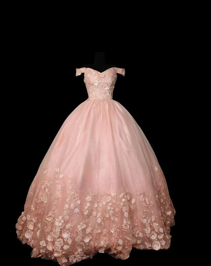 Pink Lace Off Shoulder Tulle Appliques Sweet 16 Dress Ball Gown Sweet Sixteen Dresses RC0044