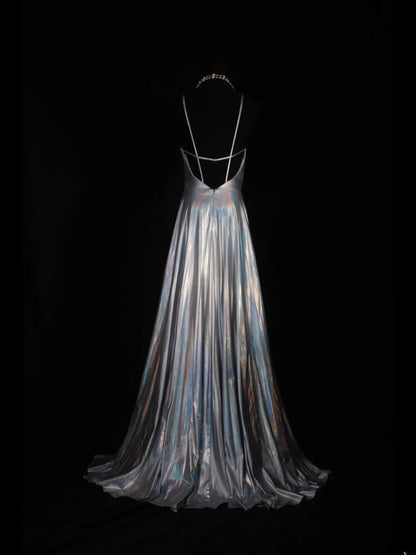 Vintage 2000s A Line Spaghetti Straps Silver Gray Backless Plus Size With Slit Long Prom Dresses Impress 21th Birthday Outfits Prom Gown AS332