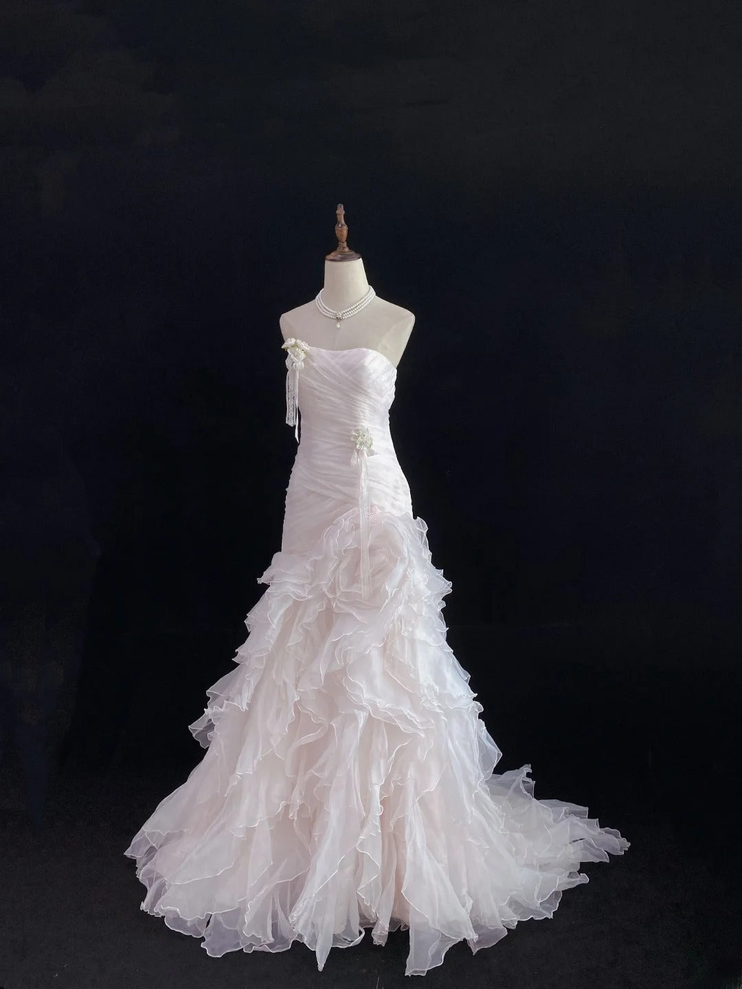 Modest Mermaid Strapless Pink Tulle With Ruffled Flowers Long Prom Dresses Formal Outfits Evening Night Dress RB7783