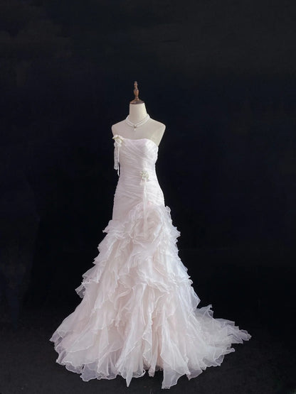 Modest Mermaid Strapless Pink Tulle With Ruffled Flowers Long Prom Dresses Formal Outfits Evening Night Dress RB7783