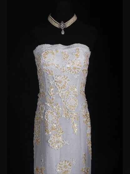 Vintage Mermaid Strapless White 1970s With Appliqued Beads Bodice Long Prom Dresses Inspo 16th Birthday Outfit Formal Gown AS333