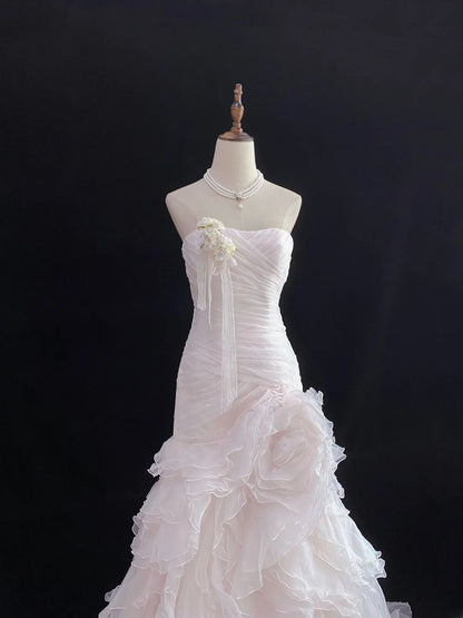 Modest Mermaid Strapless Pink Tulle With Ruffled Flowers Long Prom Dresses Formal Outfits Evening Night Dress RB7783