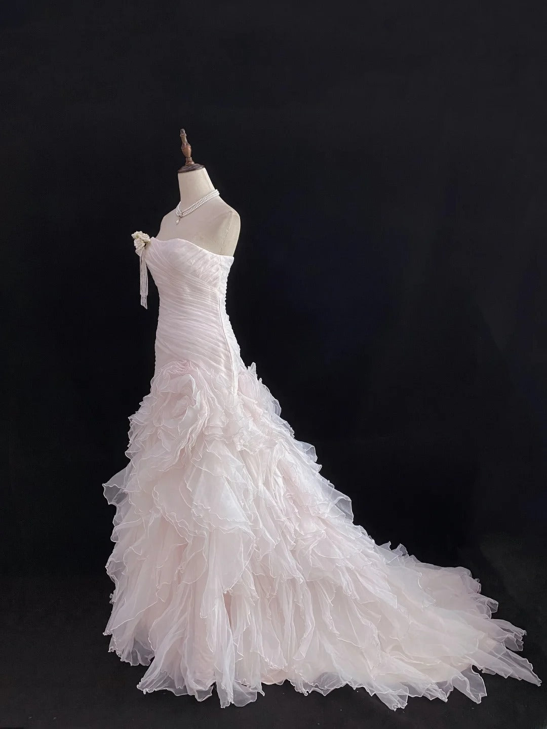Modest Mermaid Strapless Pink Tulle With Ruffled Flowers Long Prom Dresses Formal Outfits Evening Night Dress RB7783