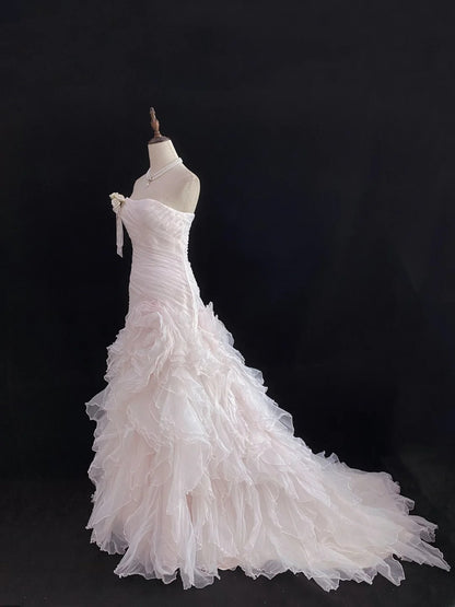 Modest Mermaid Strapless Pink Tulle With Ruffled Flower Long Prom Dresses Formal Outfit Evening Night Dress RB7784