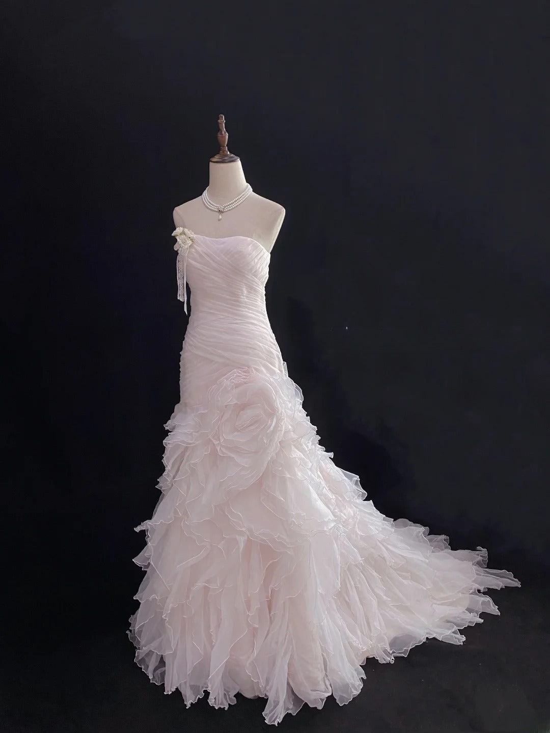 Modest Mermaid Strapless Pink Tulle With Ruffled Flower Long Prom Dresses Formal Outfit Evening Night Dress RB7784