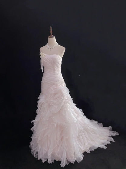 Modest Mermaid Strapless Pink Tulle With Ruffled Flower Long Prom Dresses Formal Outfit Evening Night Dress RB7784