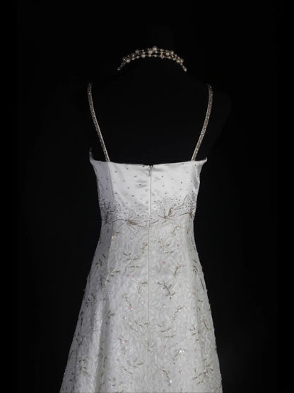 Retro 1950s Wedding Dresses for Bride A line Spagehtti Straps With Silver Beads Lace Petite/Plus Size Bridal Gowns Civil Wedding for Beach Wedding AS335