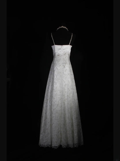 Retro 1950s Wedding Dresses for Bride A line Spagehtti Straps With Silver Beads Lace Petite/Plus Size Bridal Gowns Civil Wedding for Beach Wedding AS335