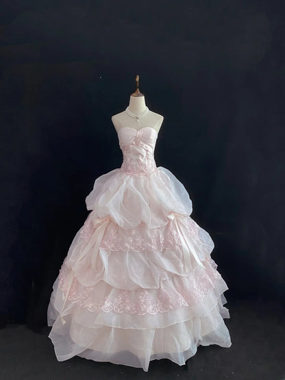 Dream Ball Gown Sweetheart Light Pink Lace Poofy Long With Tiered Layers Bow Quince Dress inspo Quinceanera Dresses Sweet 15 16 Outfits RB7787