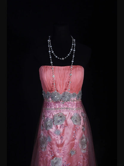Vintage Mermaid Strapless Pink 1970s With Appliqued Beads Bodice Long Prom Dresses Inspo 19th Birthday Outfit Formal Gown AS336