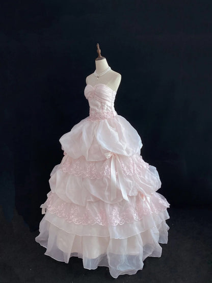 Dream Ball Gown Sweetheart Light Pink Lace Poofy Long With Tiered Layers Bow Quince Dress inspo Quinceanera Dresses Sweet 15 16 Outfits RB7787