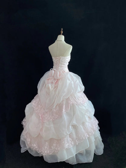 Dream Ball Gown Sweetheart Light Pink Lace Poofy Long With Tiered Layers Bow Quince Dress inspo Quinceanera Dresses Sweet 15 16 Outfits RB7787