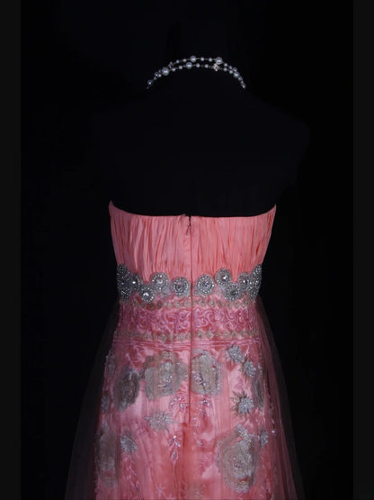 Vintage Mermaid Strapless Pink 1970s With Appliqued Beads Bodice Long Prom Dresses Inspo 19th Birthday Outfit Formal Gown AS336