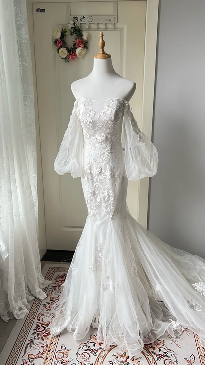 Timeless Wedding Dress Mermaid Off Shoulder Tulle White With Appliques Long Bridal Gown RC0663