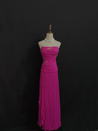 Vintage Sheath Strapless Fuchsia Chiffon With Beading Crystals Long Prom Dresses Formal Outfit Evening Night Dress RB7788