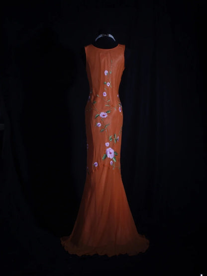 Retro 60s Mermaid Cowl Organge Chiffon With Embroidery Beads Prom Dresses Inspo 22th Birthday Outfit Formal Gown AS337