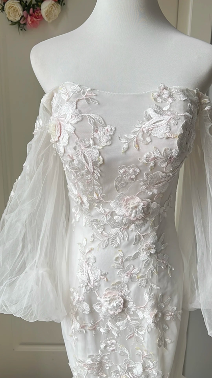 Timeless Wedding Dress Mermaid Off Shoulder Tulle White With Appliques Long Bridal Gown RC0663