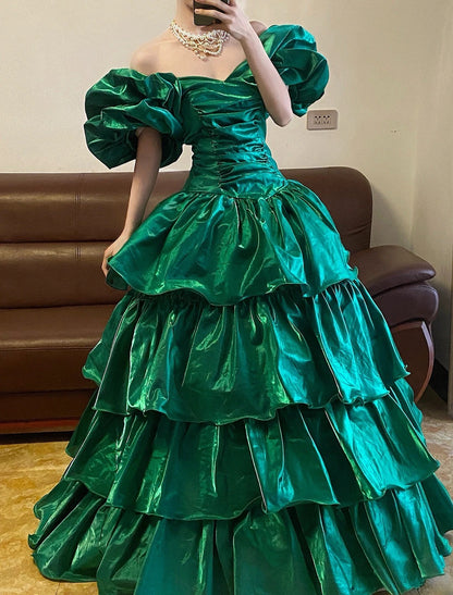 Ball Gown Off Shoulder Green With Puffy Sleeves Sweet 16 Dress Sweet Sixteen Princess Dress RB9383