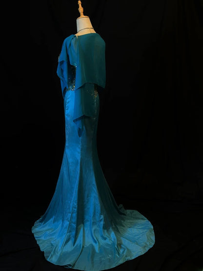 Vintage Prom Dresses Mermaid Sweetheart Blue Satin With Silver Beading Long Party Gown Formal Outfits RB6173