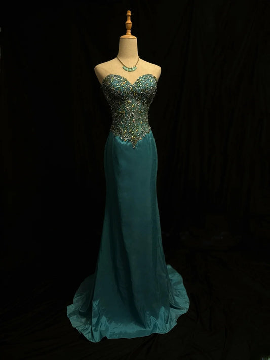 Vintage Prom Dresses Mermaid Sweetheart Blue Satin With Silver Beading Long Party Gown Formal Outfits RB6173