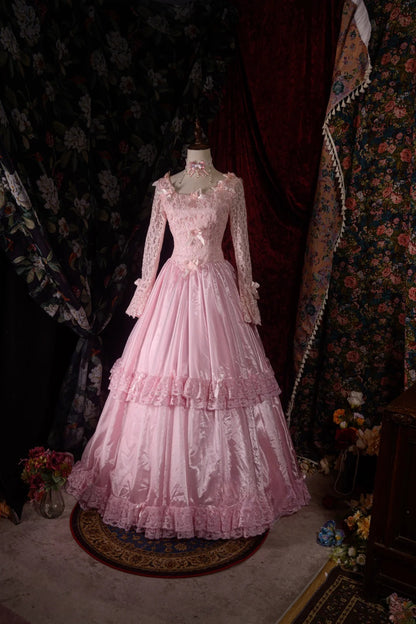 Timeless Ball Gown Formal Events Square Lace Pink With Long Sleeves Quince Dress Quinceanera Dresses Birthday Outfits RB8567
