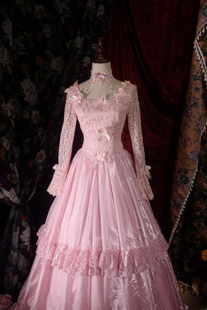Timeless Ball Gown Formal Events Square Lace Pink With Long Sleeves Quince Dress Quinceanera Dresses Birthday Outfits RB8567