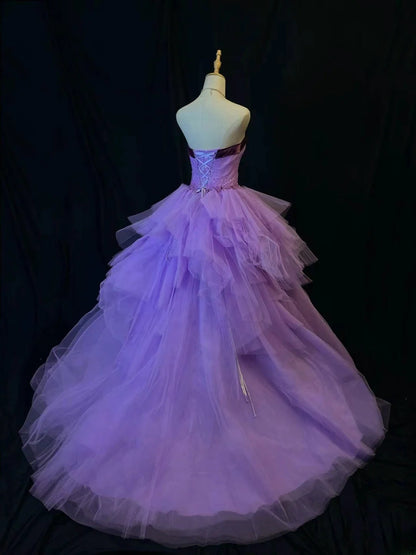 Modest Prom Dresses Ball Gown Strapless Purple Tulle With Beading Night Evening Formal Outfits RB6175
