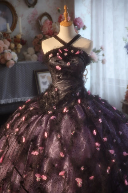 Ball Gown Halter Tulle With Floral Black Sweet 16 Dress Sweet Sixteen Princess Dress RB9363