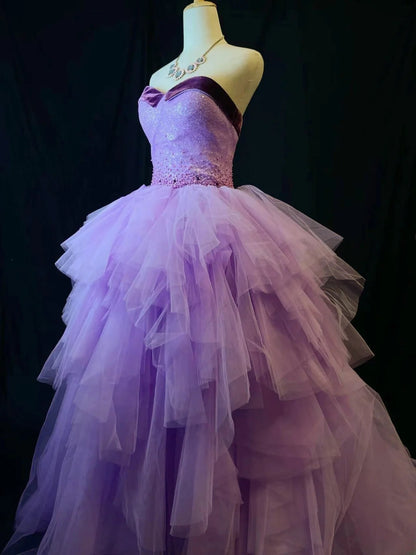 Modest Prom Dresses Ball Gown Strapless Purple Tulle With Beading Night Evening Formal Outfits RB6175