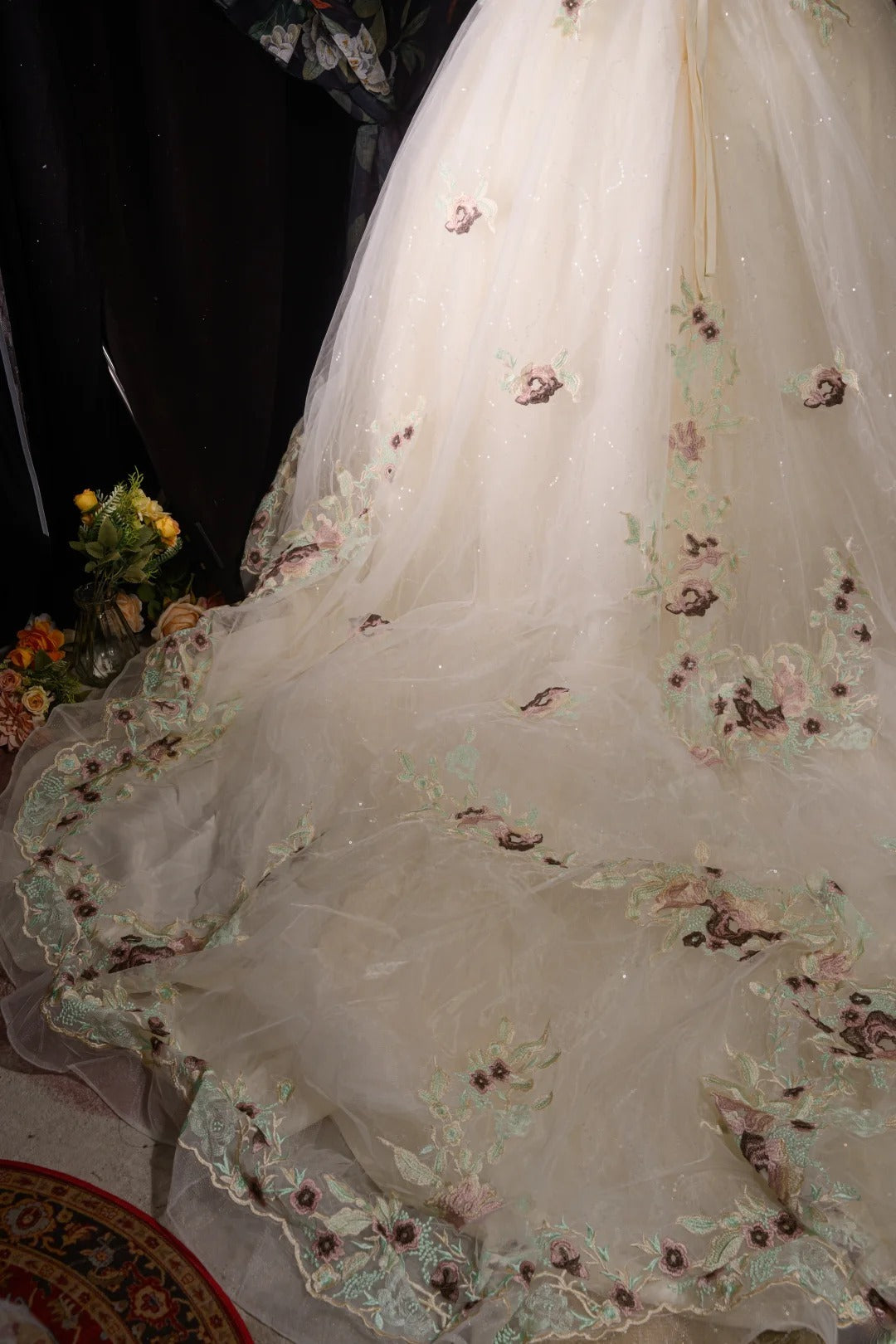Vintage Ball Gown Formal Events Off The Shoulder Ivory Tulle With 3D Lace Quince Dress Quinceanera Dresses Birthday Outfits RB8569