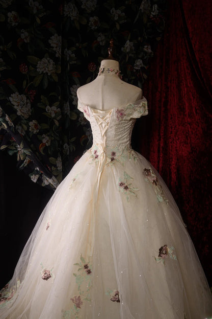 Vintage Ball Gown Formal Events Off The Shoulder Ivory Tulle With 3D Lace Quince Dress Quinceanera Dresses Birthday Outfits RB8569