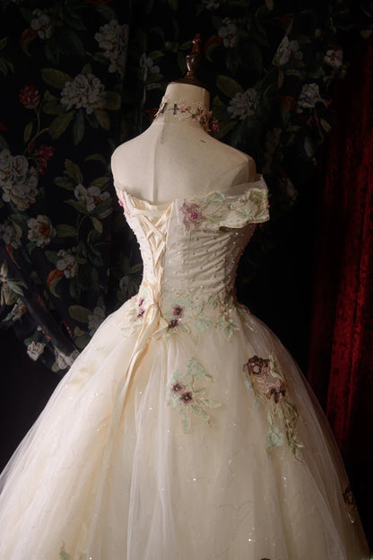 Vintage Ball Gown Formal Events Off The Shoulder Ivory Tulle With 3D Lace Quince Dress Quinceanera Dresses Birthday Outfits RB8569