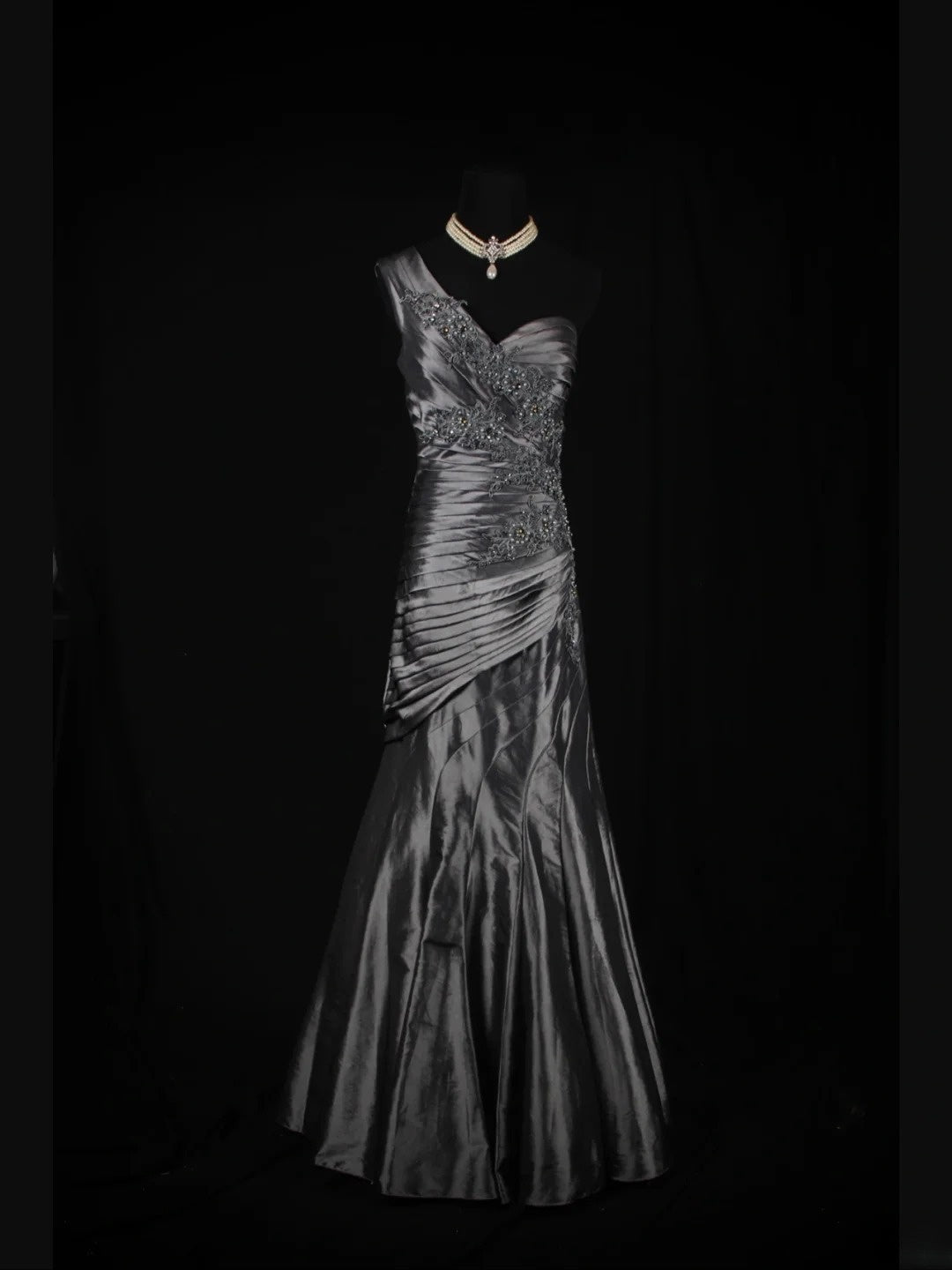 Vintage Mermaid One Shoulder Gray 1970s With Appliqued Beads Bodice Long Prom Dresses Inspo 19th Birthday Outfit Formal Gown AS344